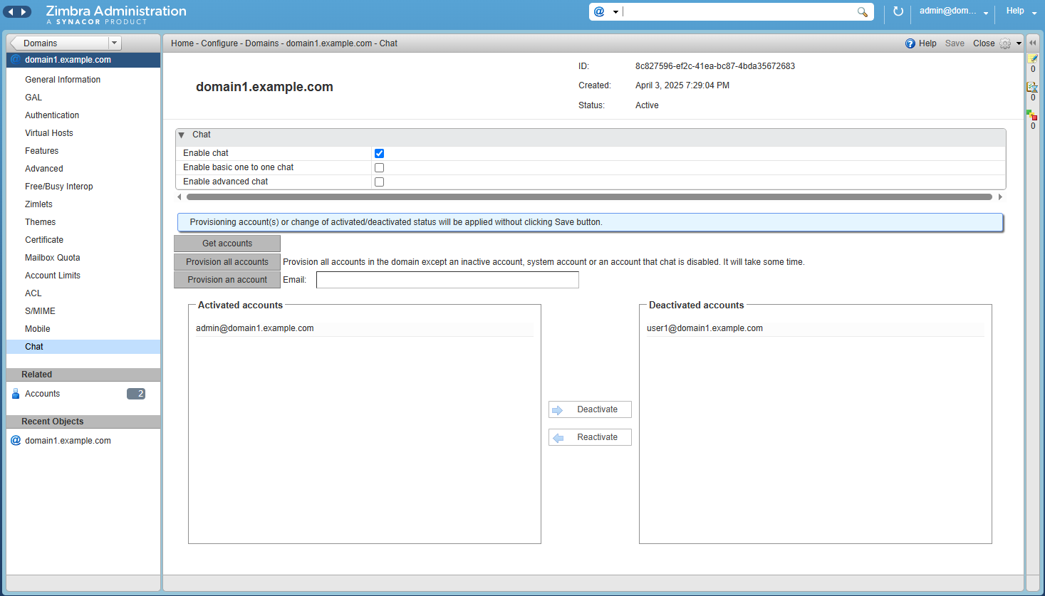 Zimbra Chat Admin Deactivate Account