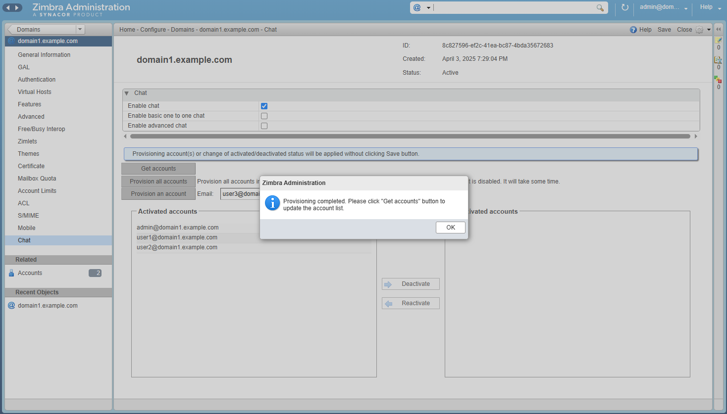 Zimbra Chat Admin Provision an Account