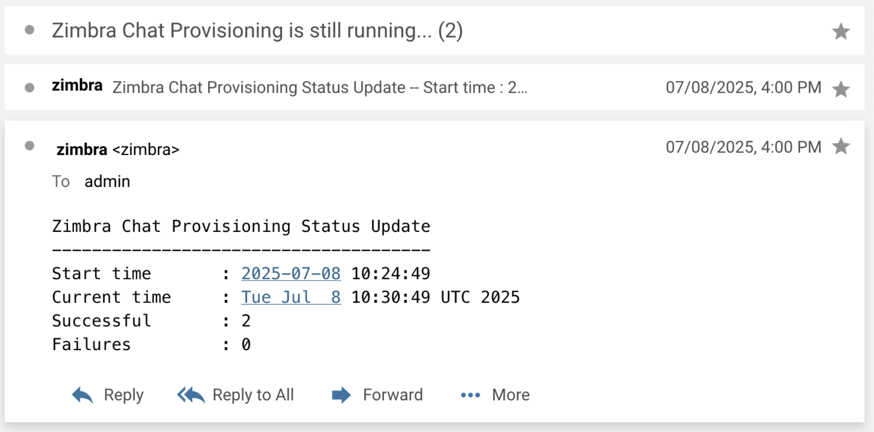 Zimbra Chat Provisioning Notification Progress