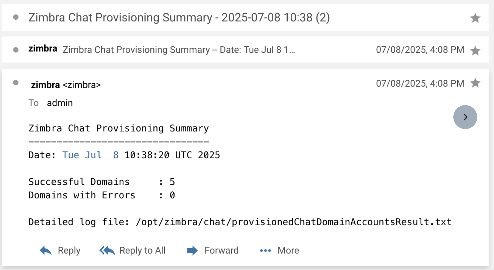 Zimbra Chat Provisioning Notification Progress